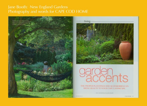 Hanging baskets, garden gates, terra-cotta urns are some of the many accoutrements you will find in Pat McLoud's garden.  A hammock is strung between shade trees for a relaxing nap on a hot day.  Spheres grace pedestals and all around beautiful plantings backed by arborvitae, conical white Hydrangea paniculata blossoms mix with deep purple tubular cones of a butterfly bush.